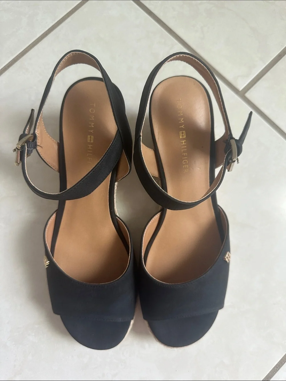 NWOT Tommy Hilfiger Black Espadrille Wedge Sandals with Gold Logo